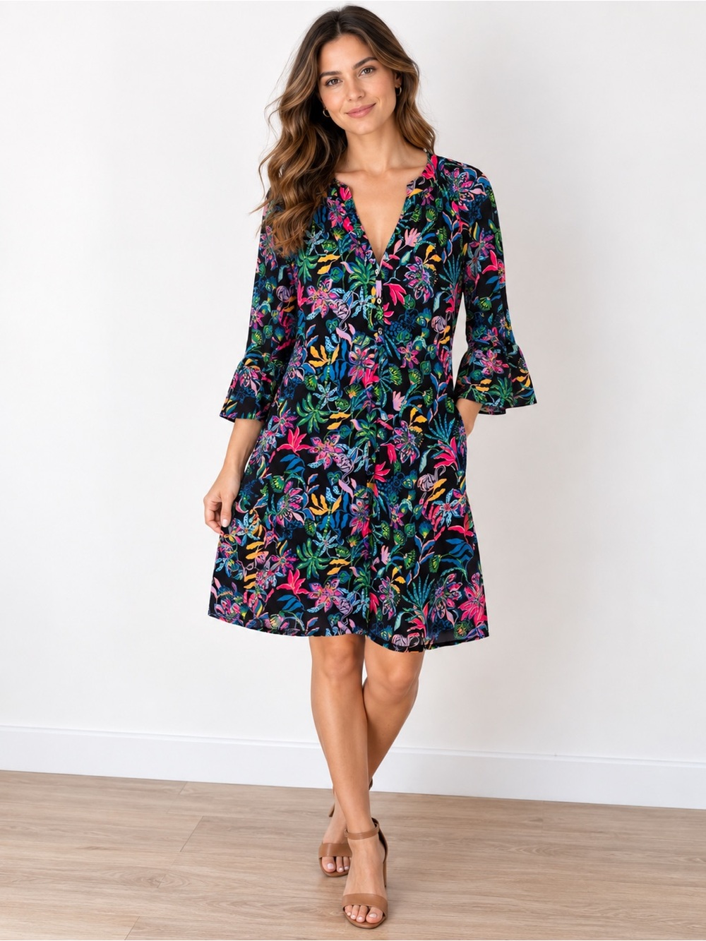 Lily Pulitzer Womans Sz Medium Multicolor Tropical Floral 3/4 Sleeve Swing Dress